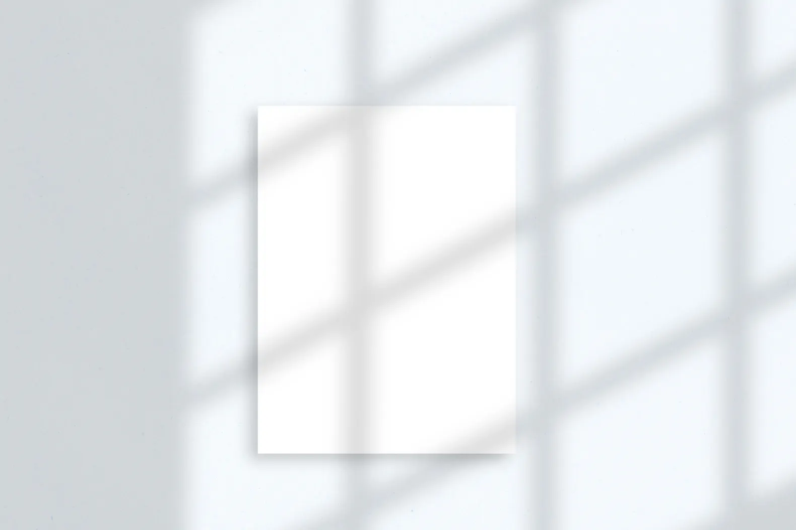 A blank poster on a white wall with window light