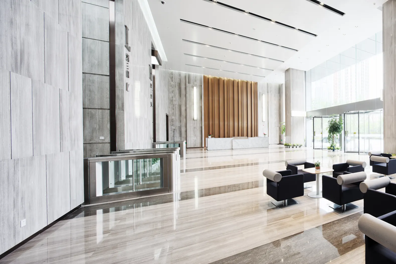 A bright, modern office foyer